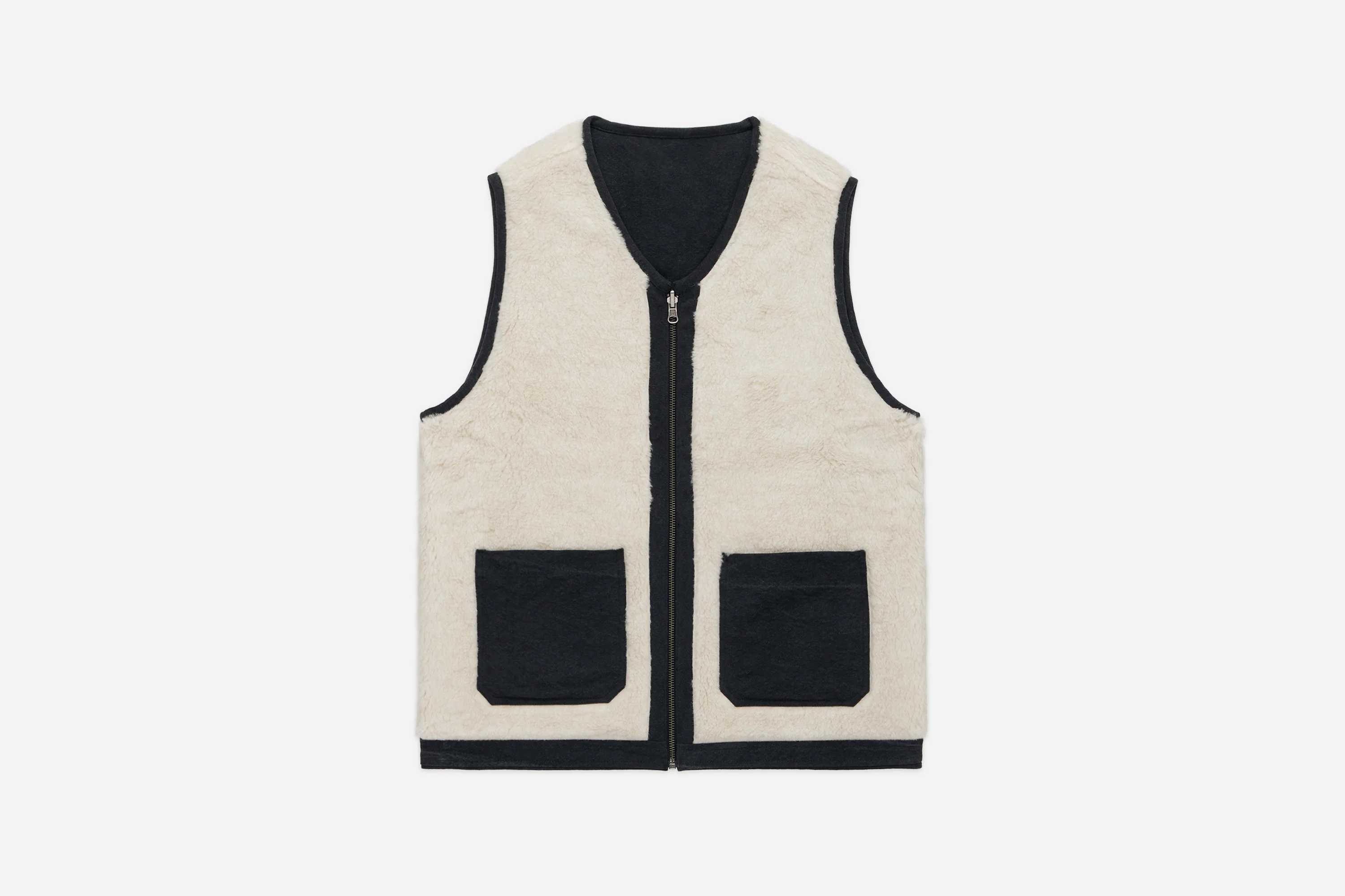 Reversible Work Vest ~ Black Canvas/Ecru Wool Sherpa - Image 5